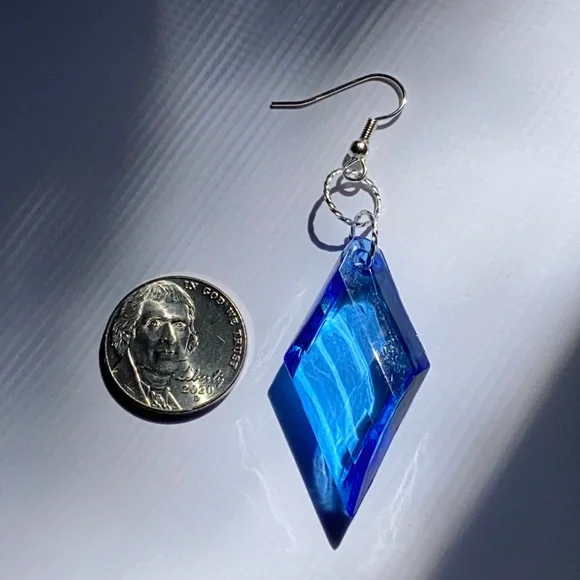 Hand Crafted Blue Diamond Earrings Dangle Diamond-Shaped Acrylic Retro - Picture 5 of 7